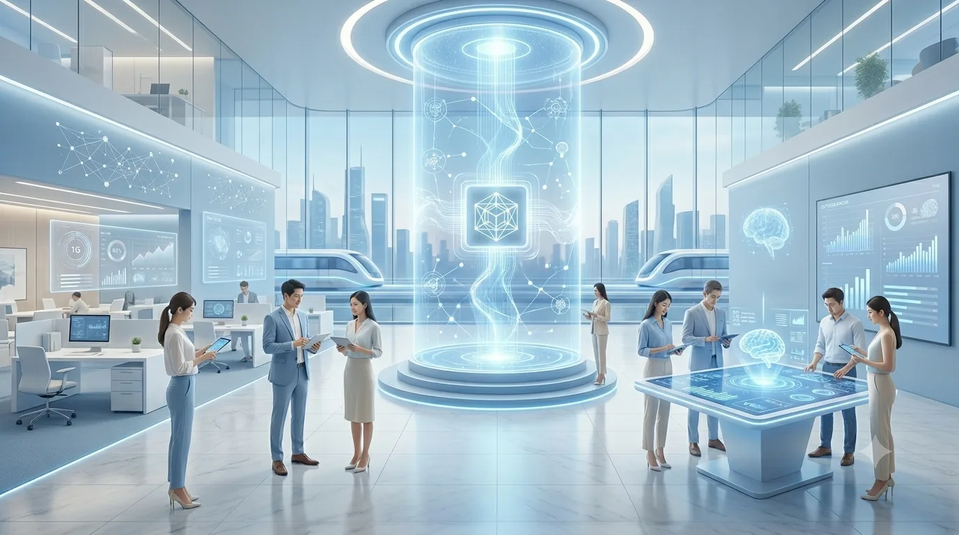 Business team using AI analytics dashboards in a modern office
